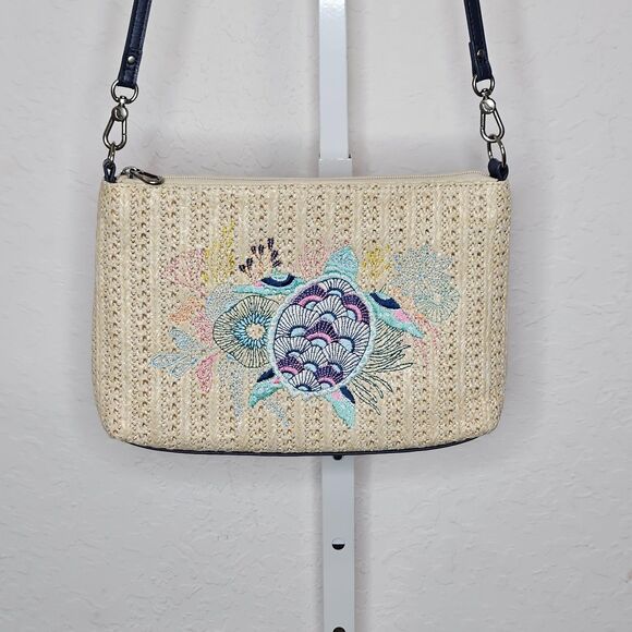 SAKROOTS Lumi Convertible Turtle Crossbody Shoulder Bag Woven Straw - Picture 2 of 6